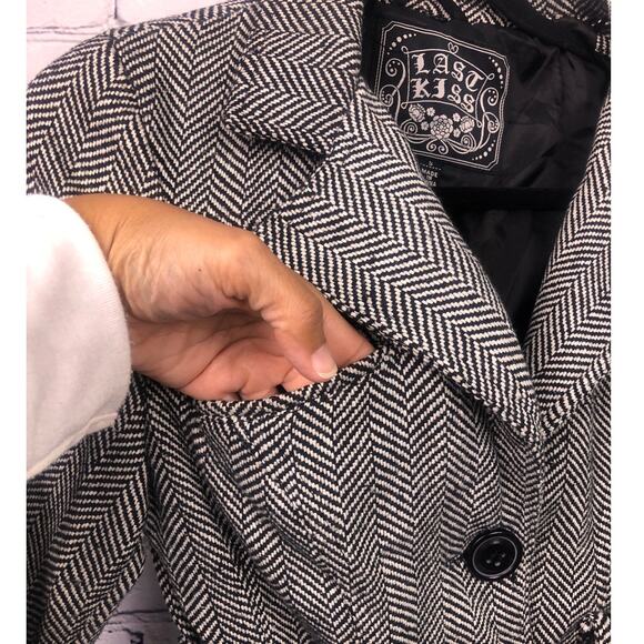 Last Kiss Wool Blend Chevron Tweed Collared Belted Button Short Pea Coat S - Picture 4 of 12